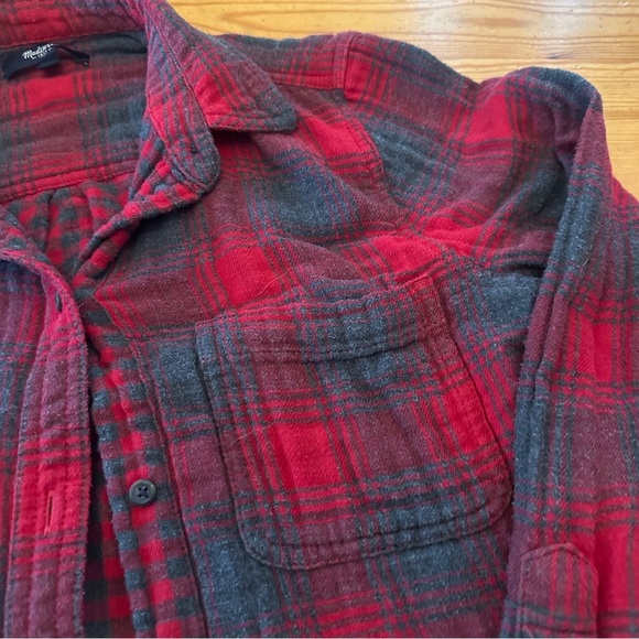 Madewell red gray flannel button down with pockets women XS Cotton - Picture 2 of 12
